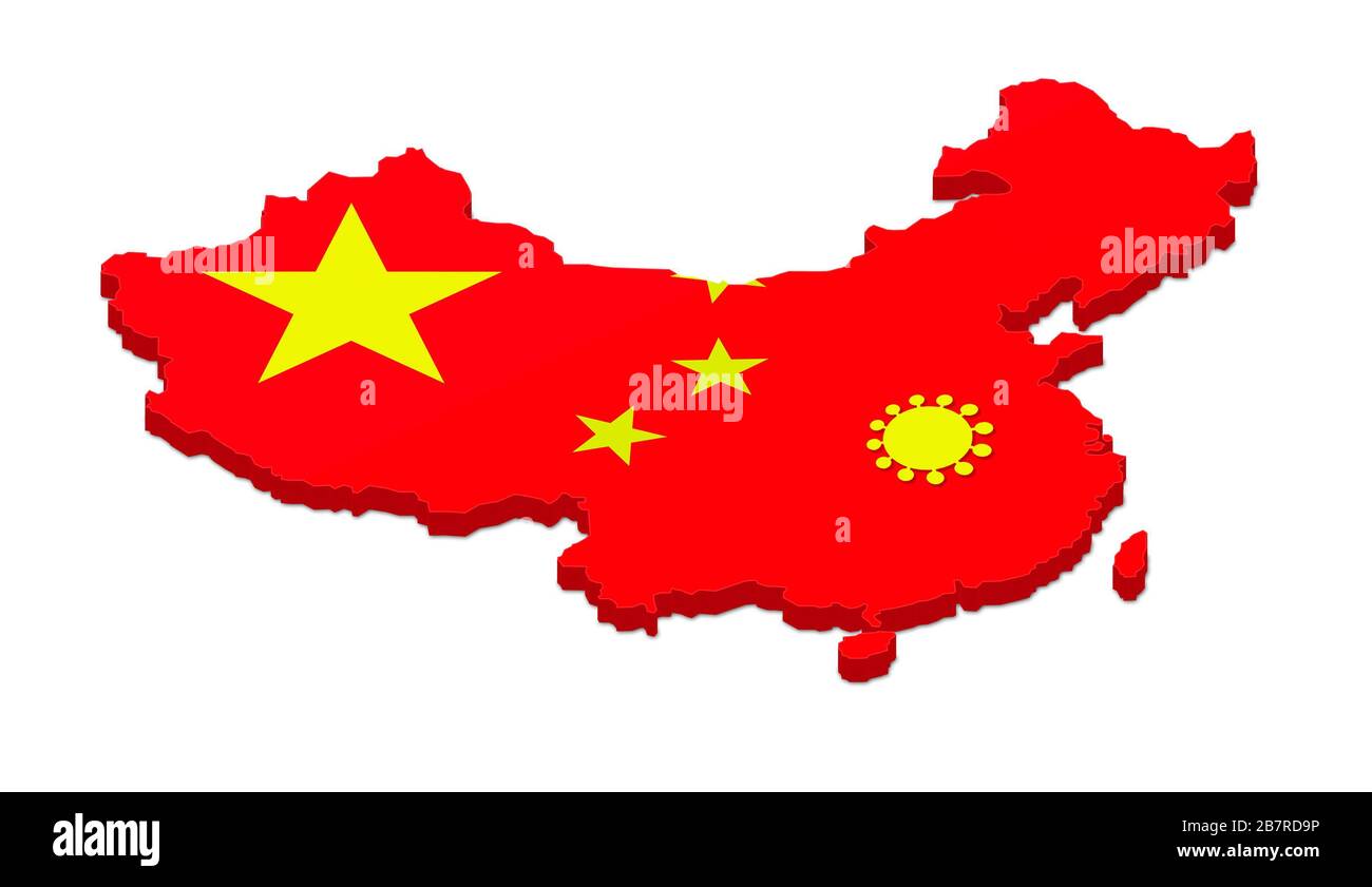 3D rendering of China map with Covid-19 coronavirus symbol over the epicenter of Wuhan where the outbreak originated. Isolated on white background. Stock Photo