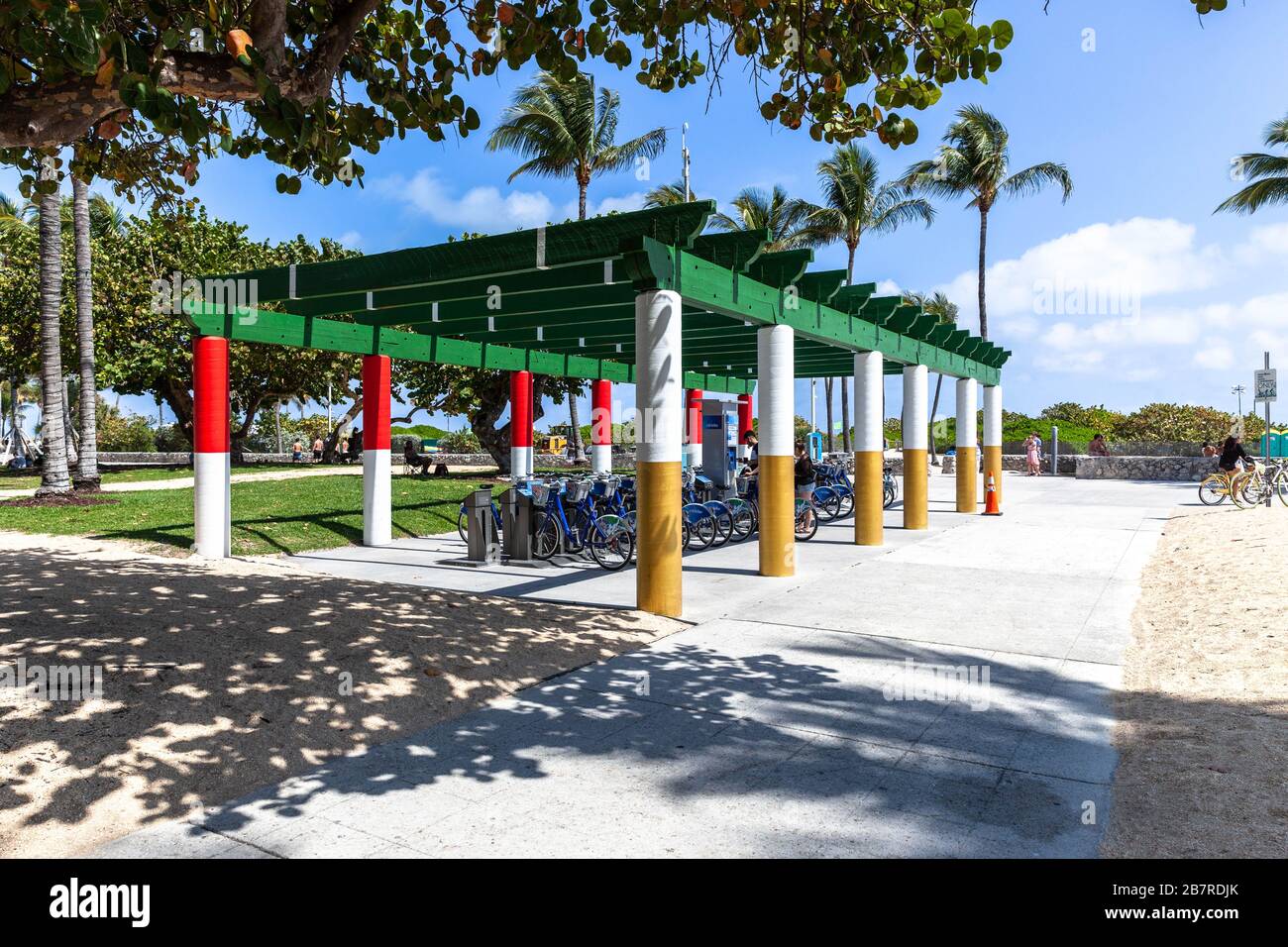 A colourful rental bicycle shelter, South Beach, Miami Beach, Florida, USA. Stock Photo