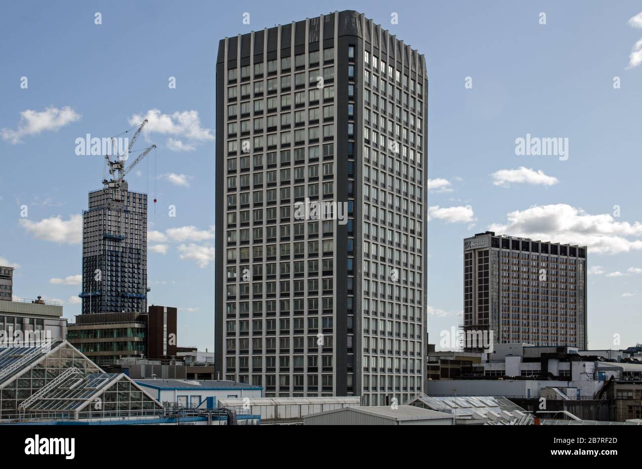 Tall  buildings including one of the Whitgift Centre office block and the former headquarters of Nestle in the centre of Croydon, South London. Stock Photo