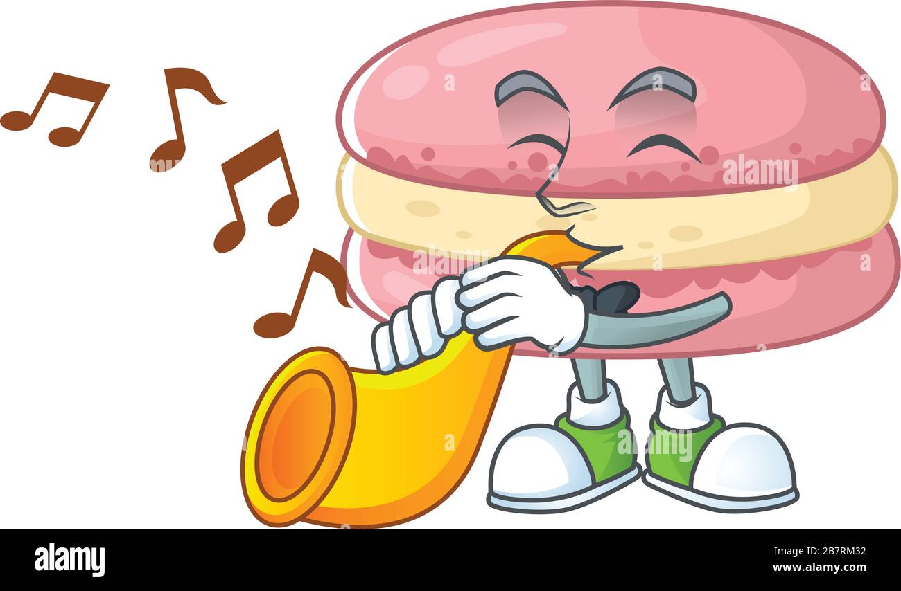 Strawberry macarons cartoon character playing music with a trumpet Stock Vector