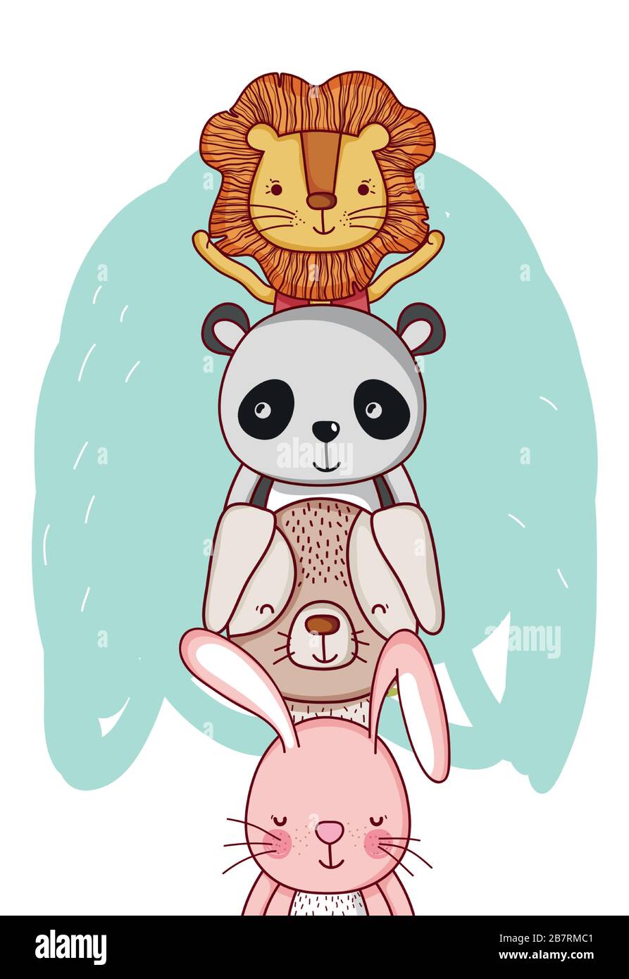 cute animals, cartoon piled up lion rabbit dog and panda vector ...