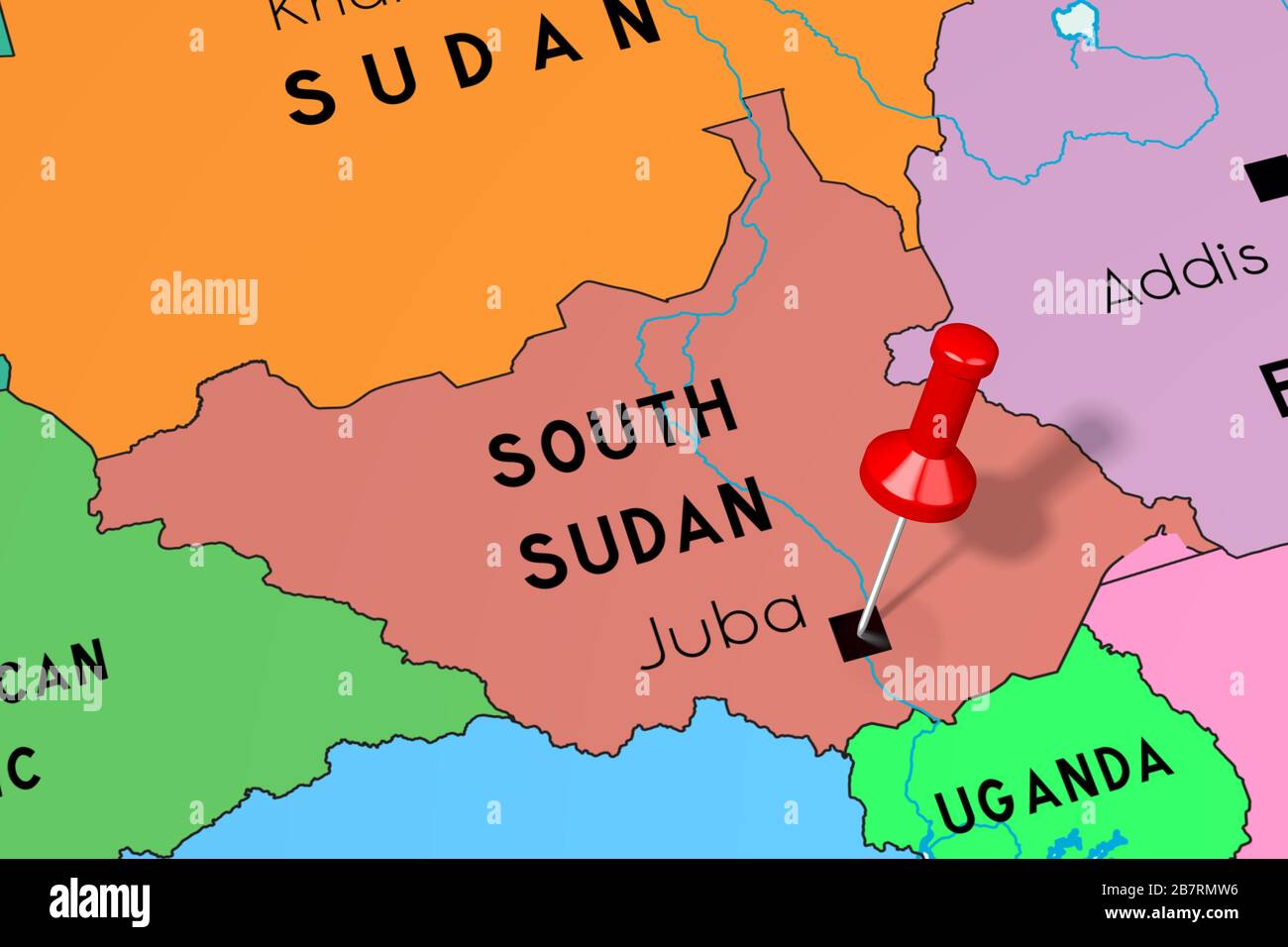 South Sudan, Juba capital city, pinned on political map Stock Photo