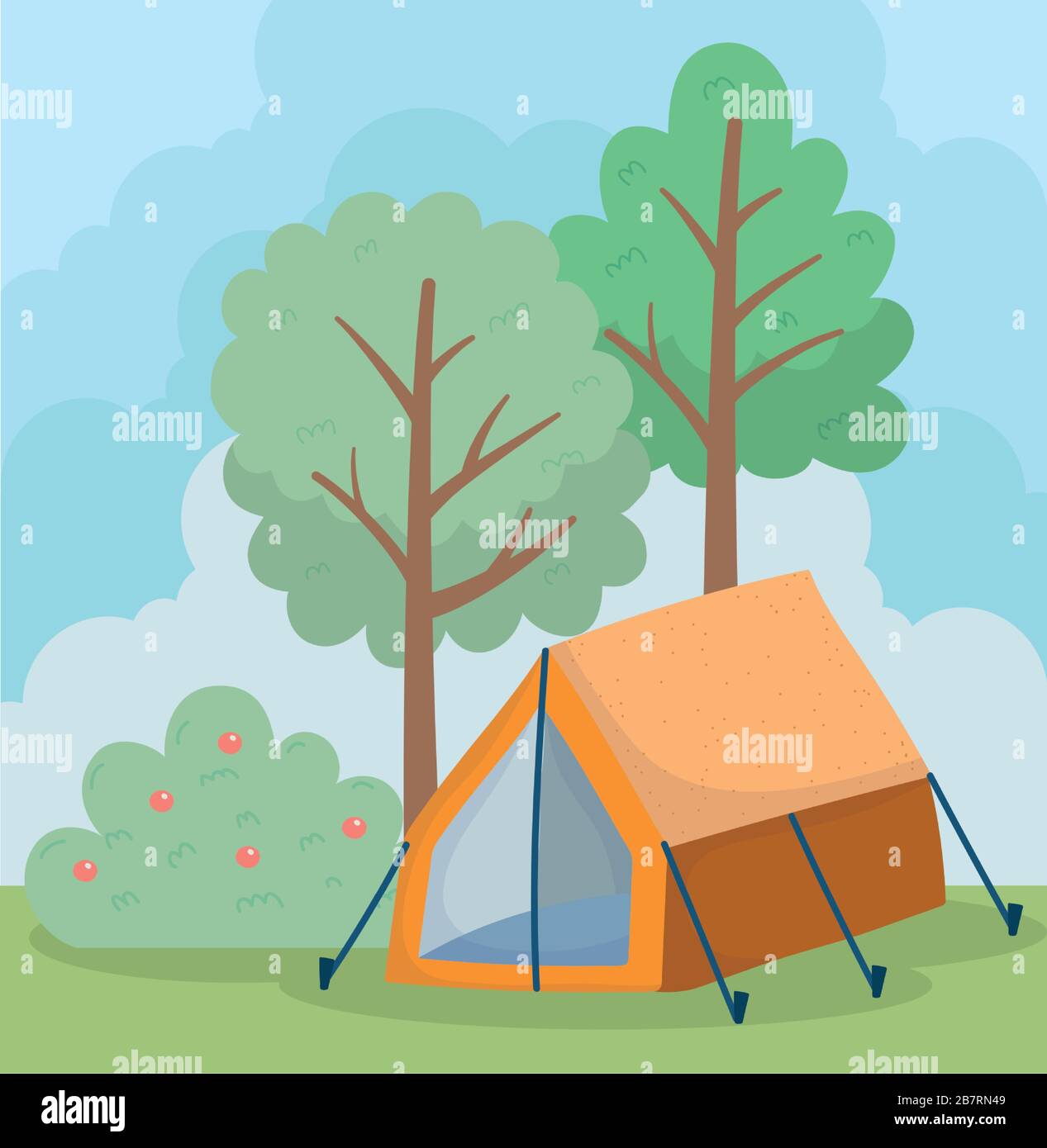 camping tent bush apples fruit foliage trees nature cartoon vector