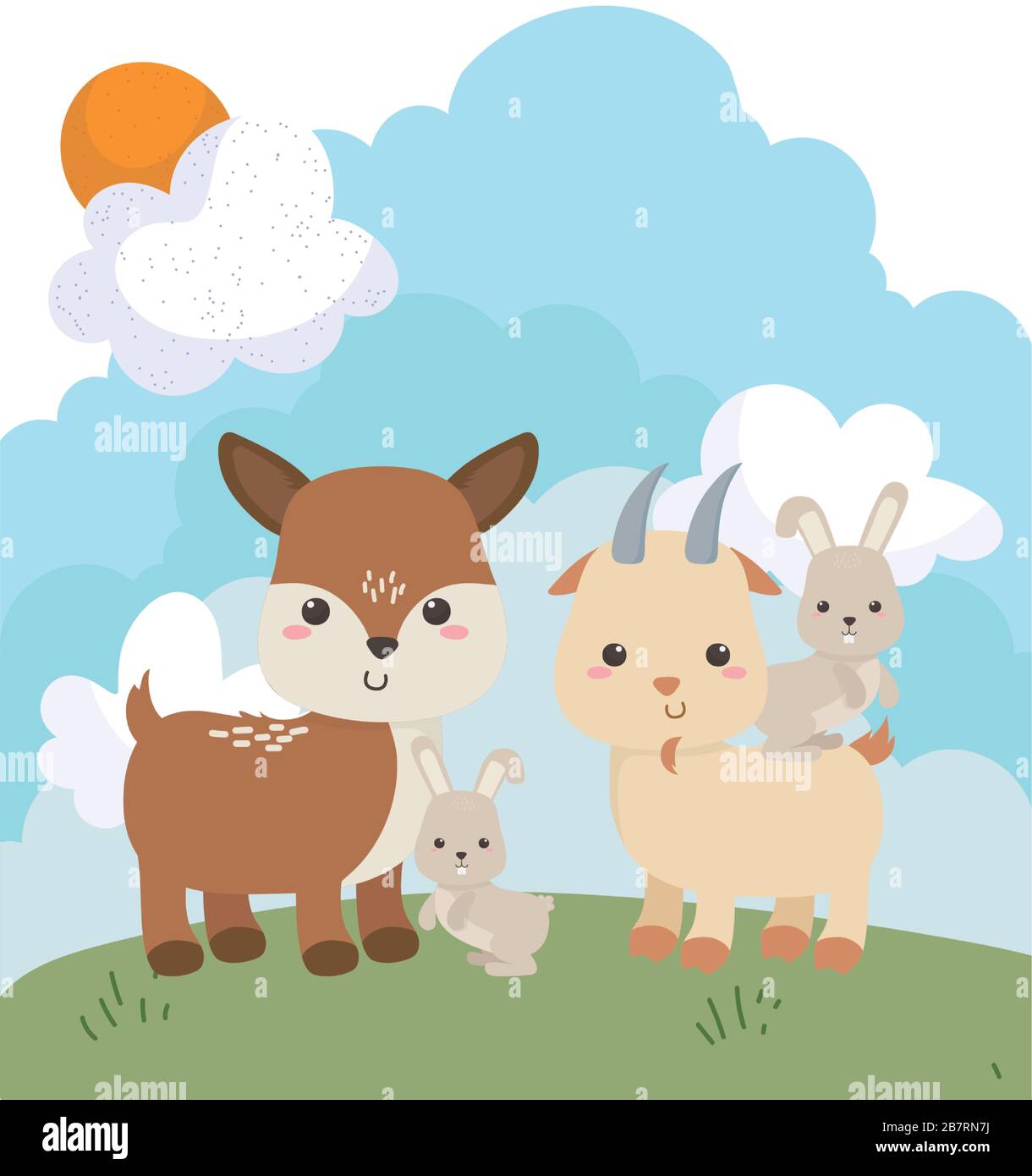 camping cute little bunnies goat and deer grass cartoon vector illustration Stock Vector