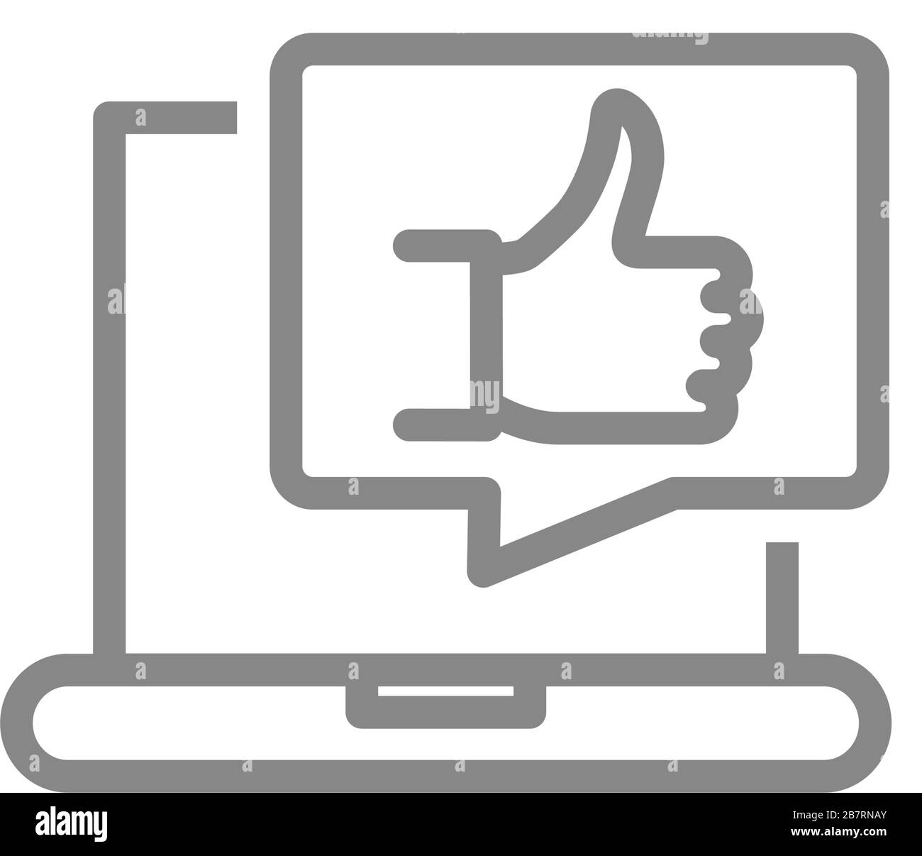 Laptop with thumb up in speech bubble line icon. User feedback, message with like symbol Stock Vector