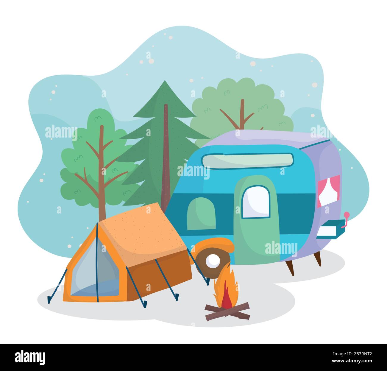 camping tent trailer campfire forest trees greenery cartoon vector illustration Stock Vector
