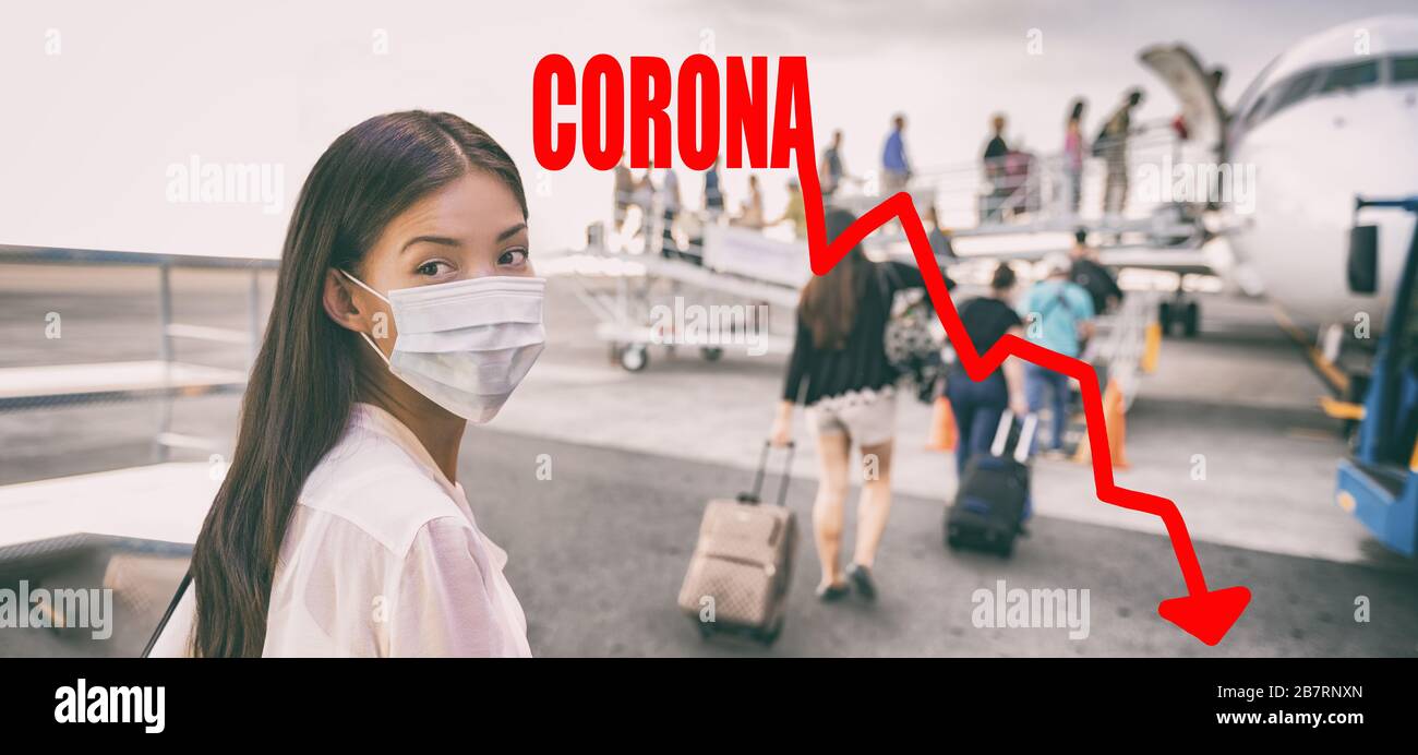 Coronavirus crashing stock market causing new financial crisis and bear market recession and economic downturn. Woman wearing surgical mask for corona virus going on plane by negative graph of stocks Stock Photo