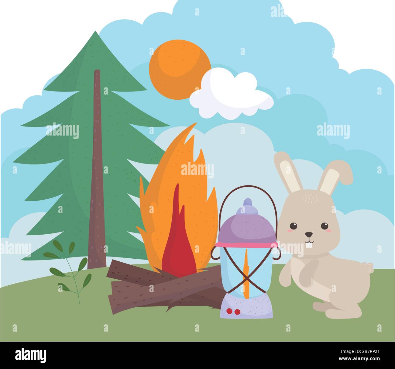 camping cute rabbit lantern bonfire tree sun clouds cartoon vector ...