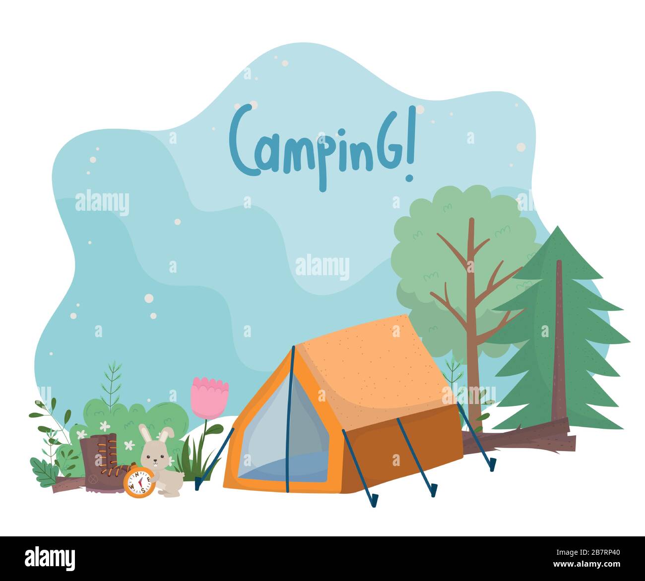 camping rabbit tent boots compass flower forest trees cartoon vector ...