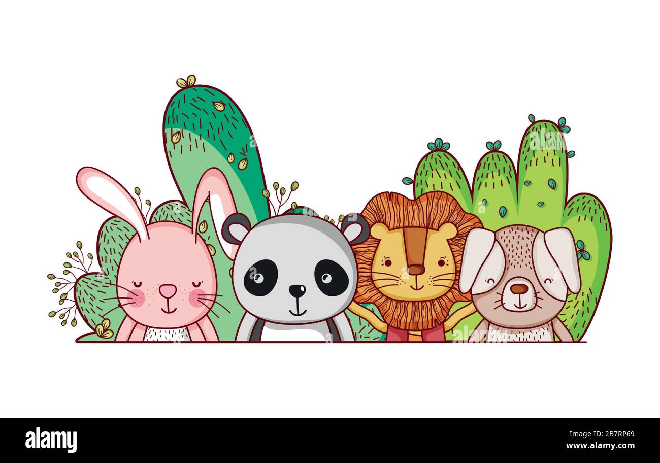 cute animals, little lion rabbit panda dog bushes foliage cartoon ...