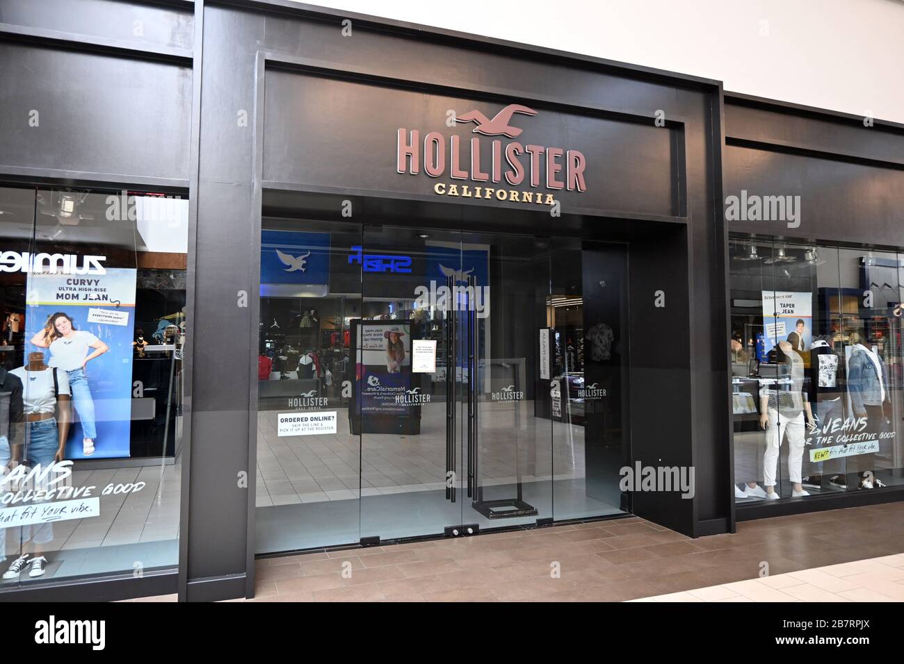 General overall view of the Hollister store at the Los Cerritos Center mall, Tuesday, March 17, 2020, in Cerritos, Calif. The shopping center has reduced hours and stores have closed because of the coronavirus COVID-19 pandemic outbreak. (Photo by IOS/Espa-Images) Stock Photo