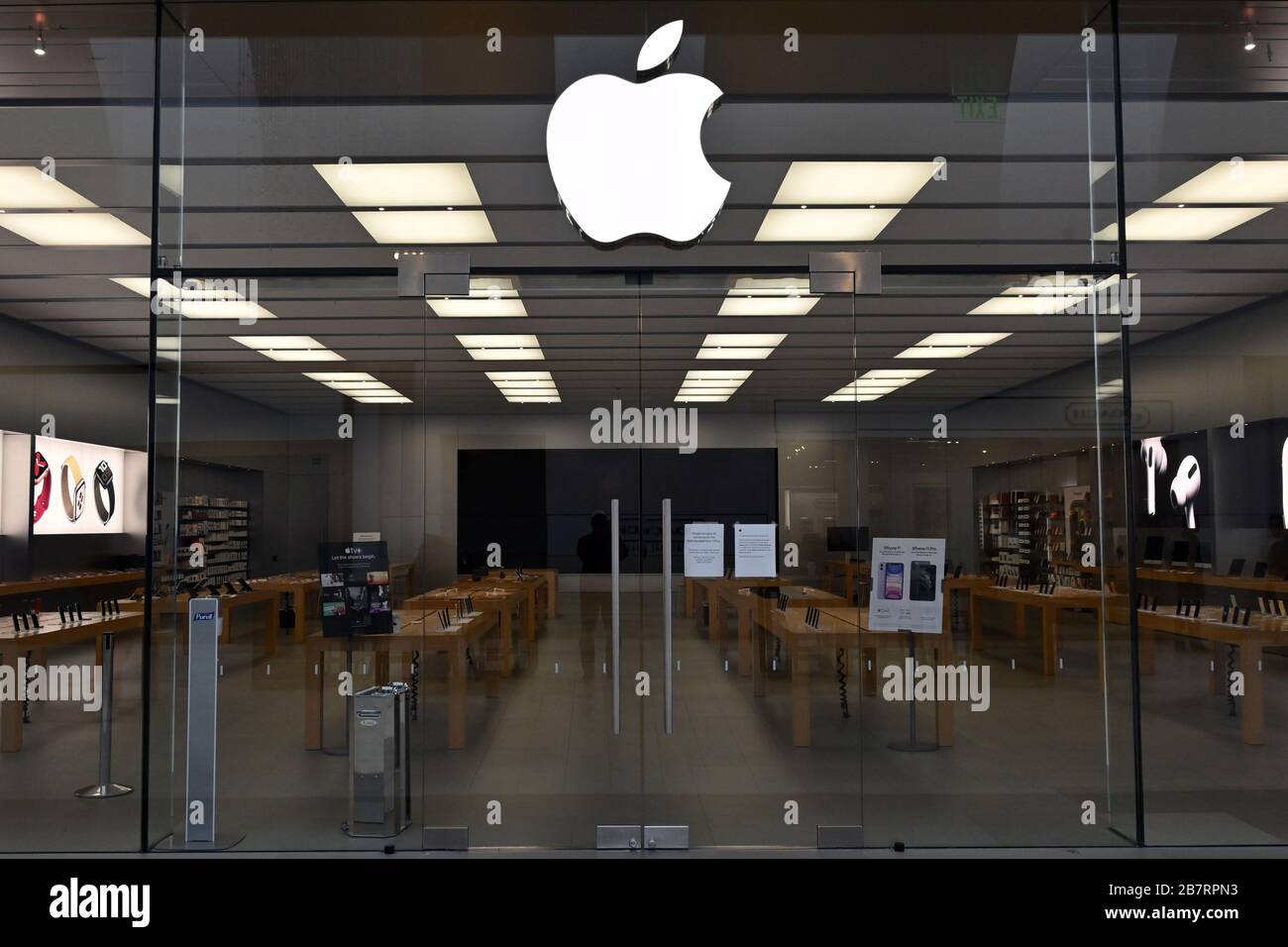 General overall view of the closed Apple Store at the Los Cerritos Center mall, Tuesday, March