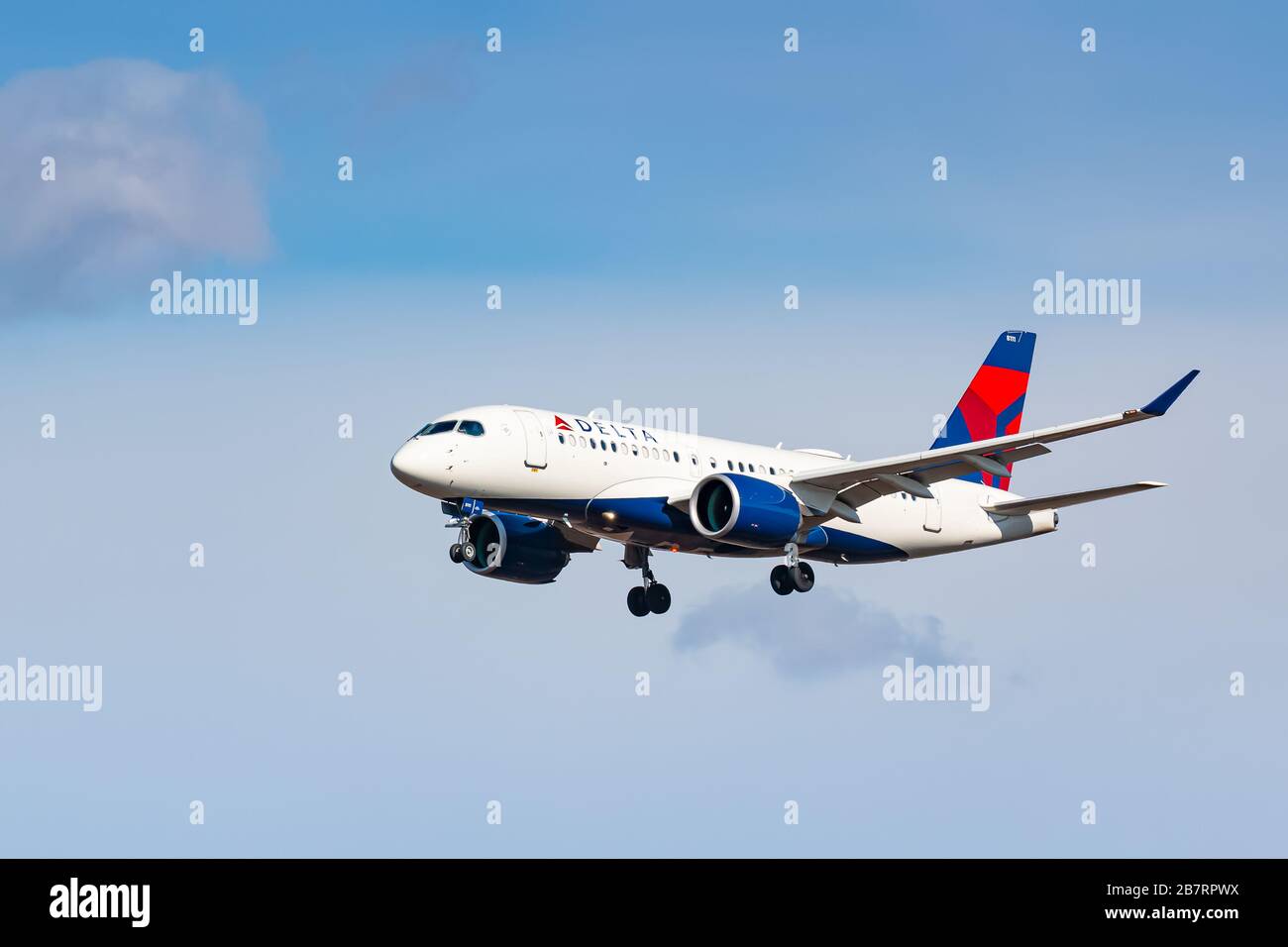 New York, USA - February 29, 2020: Delta Air Lines Airbus A220-300 airplane at New York John F. Kennedy airport (JFK) in the USA. Airbus is an aircraf Stock Photo