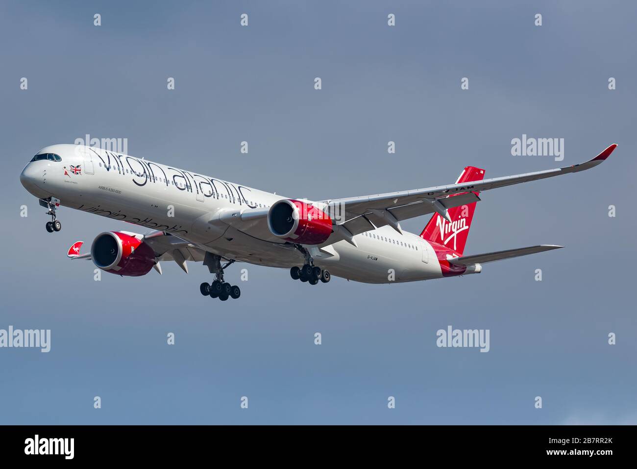 New York, USA - February 29, 2020: Virgin Atlantic Airbus A350-1000 airplane at John F. Kenndy airport (JFK) in the USA. Airbus is an aircraft manufac Stock Photo