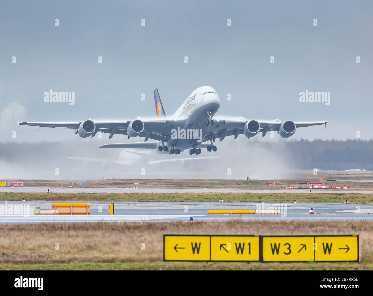 Frankfurt, Germany - February 25, 2020: Lufthansa Airbus A380-800 airplane at Frankfurt Int'l airport (FRA) in Germany. Airbus is an aircraft manufact Stock Photo