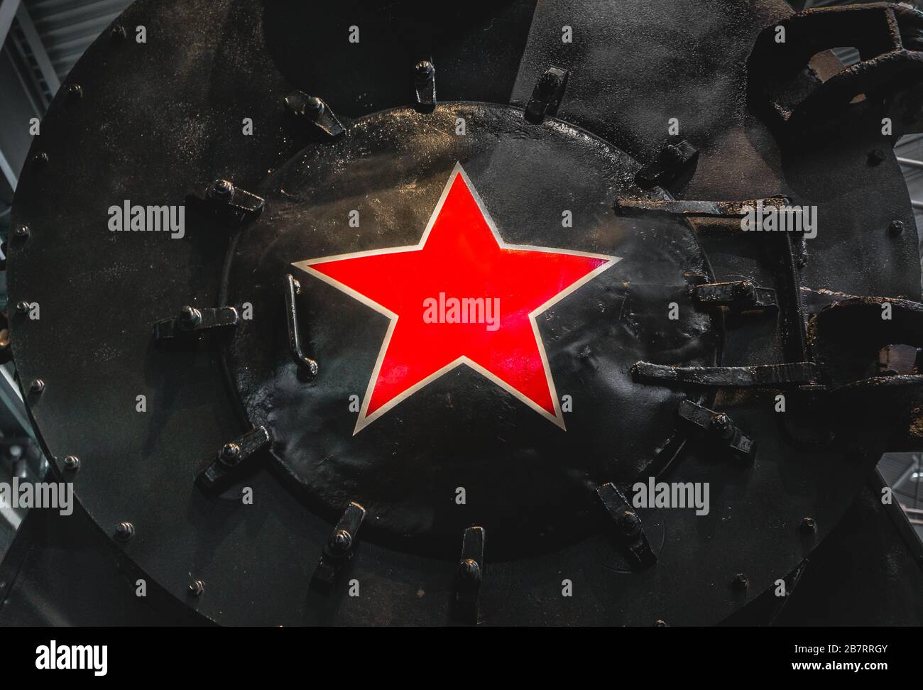 Old retro former Soviet Union red star symbol on train locomotive Stock Photo