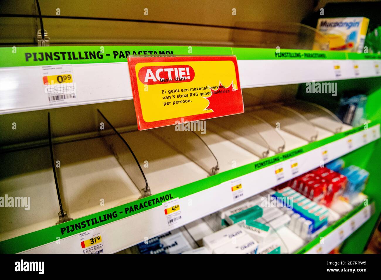 A view of empty shelves of medicine in a pharmacy store as the coronavirus  continues to spread in Europe.Several European countries have closed  borders, schools as well as public facilities, and have
