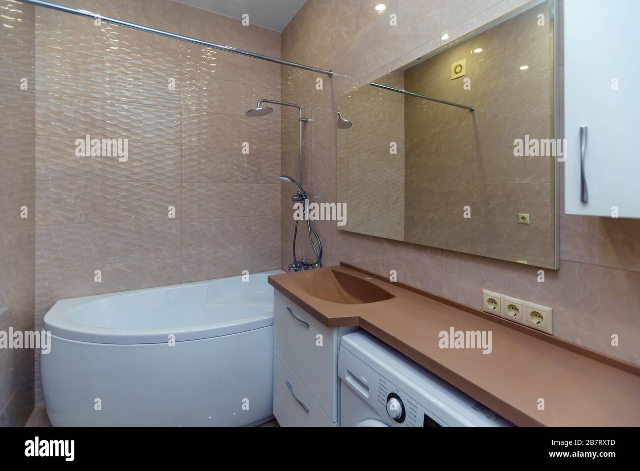 Bathroom With Brown Washbasin And Countertop White Cabinets Large Mirror Washing Machine Toilet Beige Wall Tiles Stock Photo Alamy,Quinoa Protein Per 100g