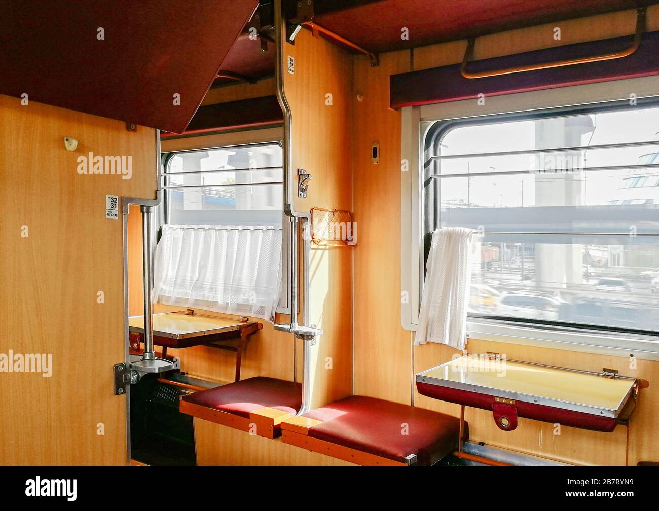 Empty train car. The view from the window, the entrance to the city
