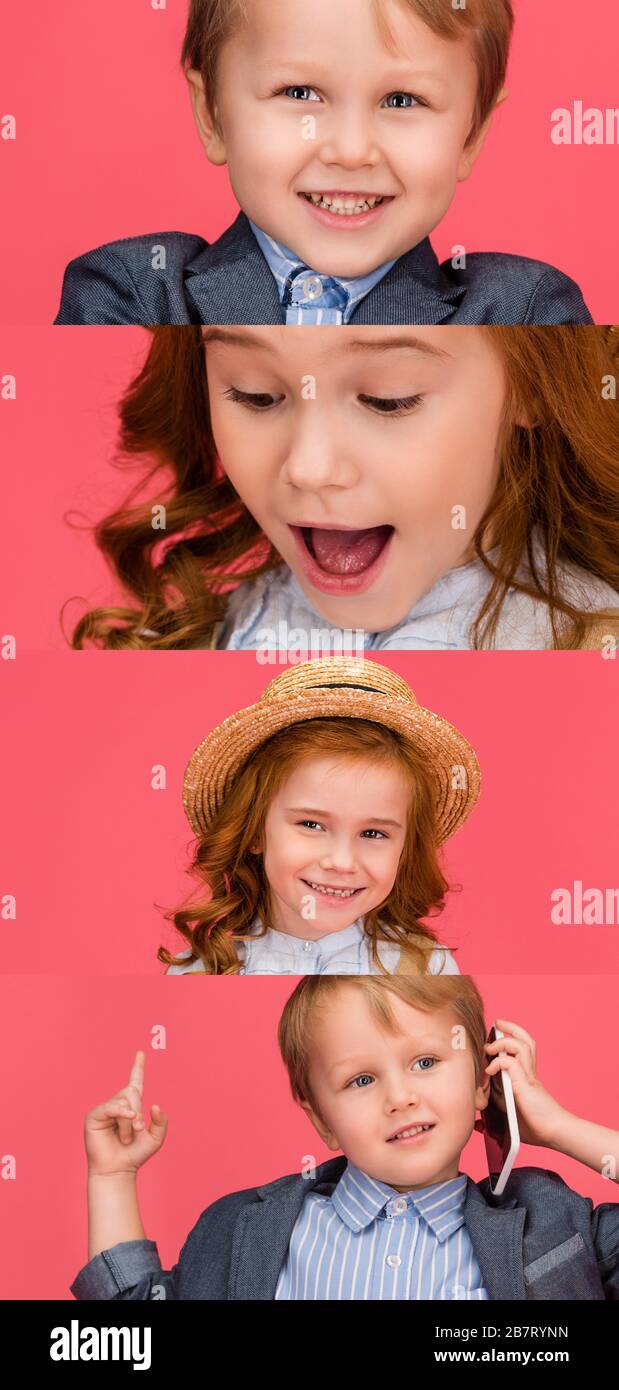 collage of emotional kids isolated on pink Stock Photo