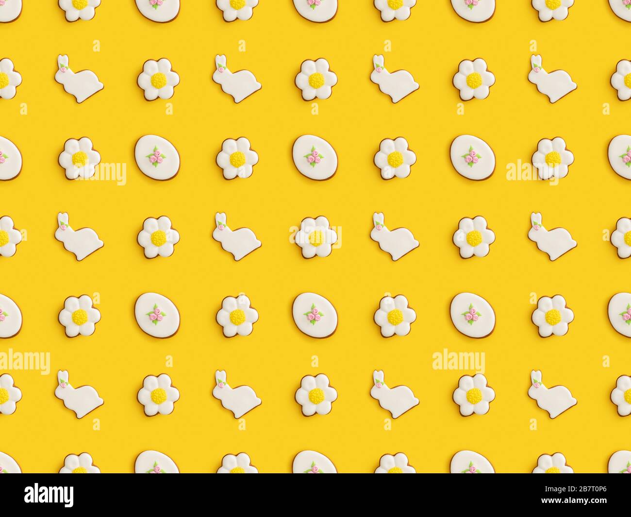 Flat lay with tasty easter cookies isolated on yellow, seamless pattern Stock Photo