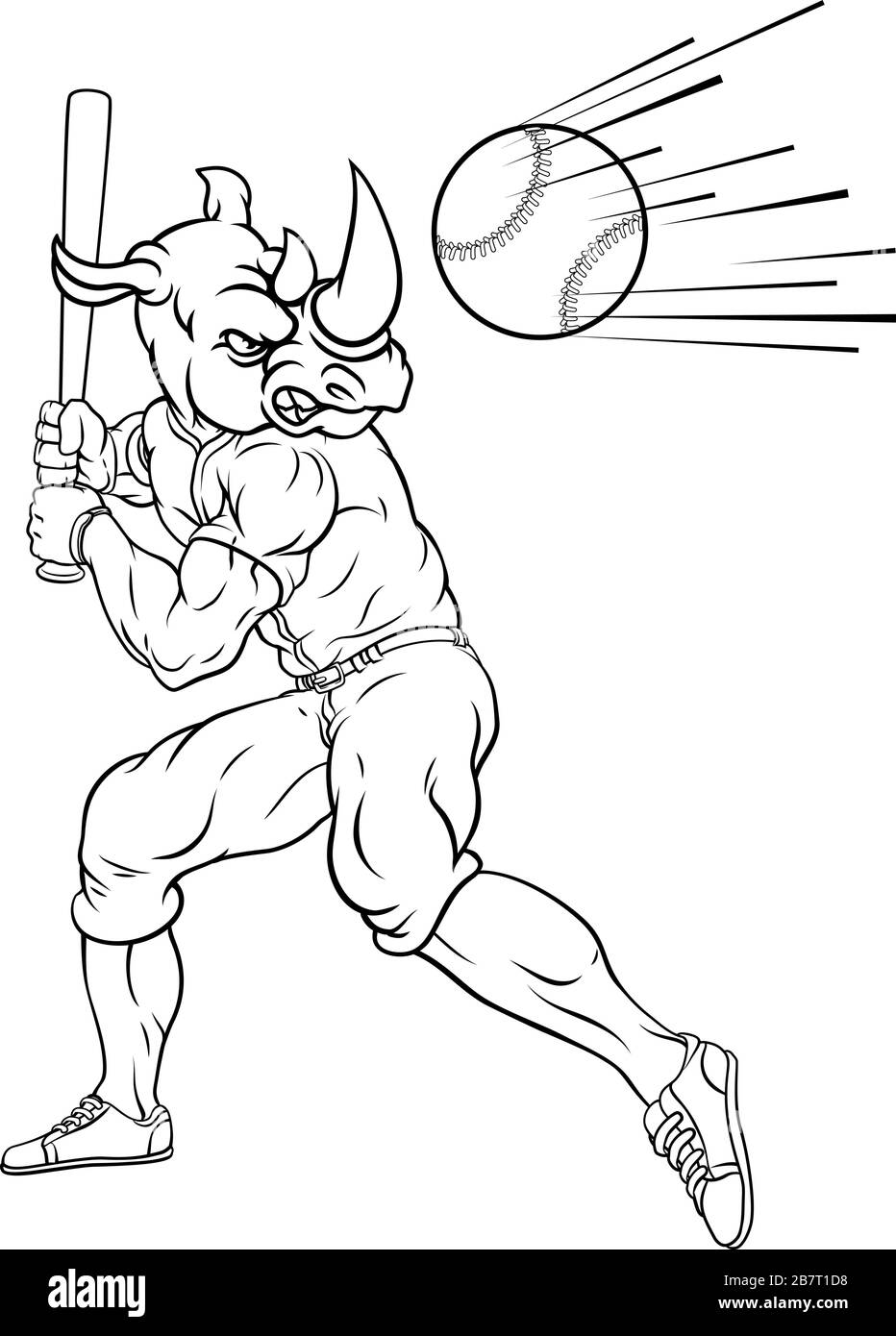 Rhino Baseball Player Mascot Swinging Bat at Ball Stock Vector