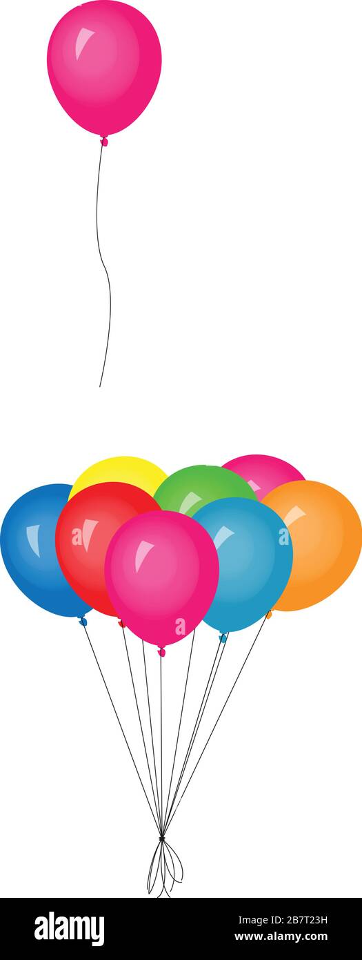 Group of eight helium balloons, blue, red, orange, yellow, pink and one ...