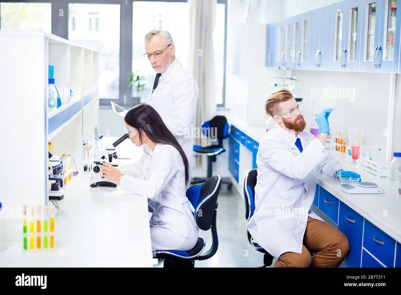 Teambuilding concept. Three workers of laboratory are ckecking the ...