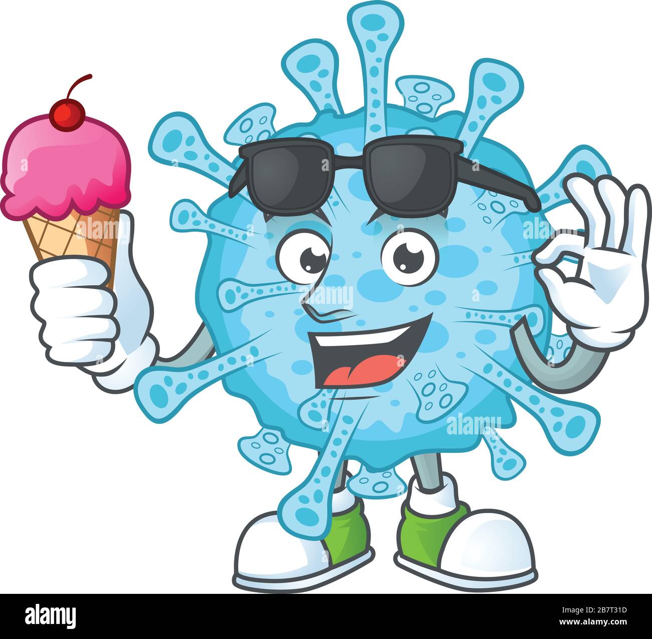 cartoon character of fever coronavirus enjoying an ice cream Stock