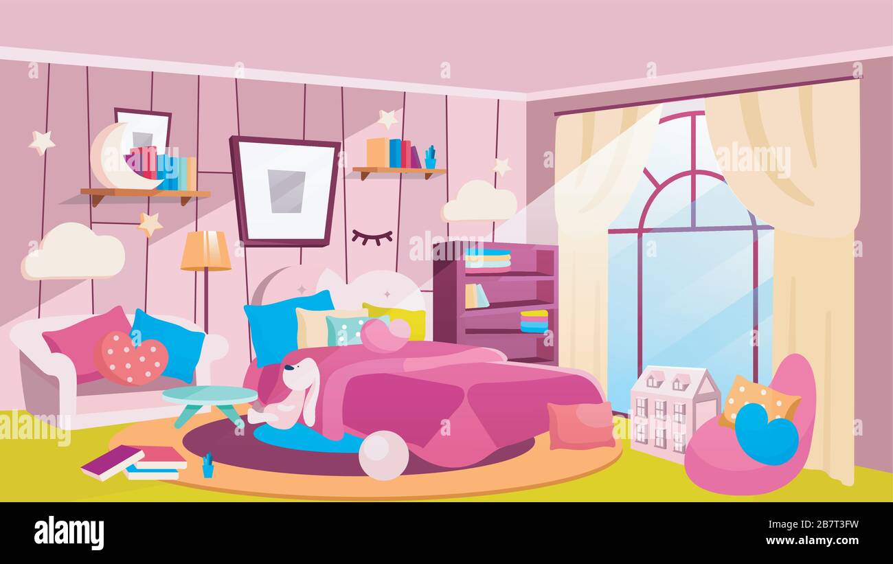 Girls bedroom at daytime flat vector illustration Stock Vector Image ...