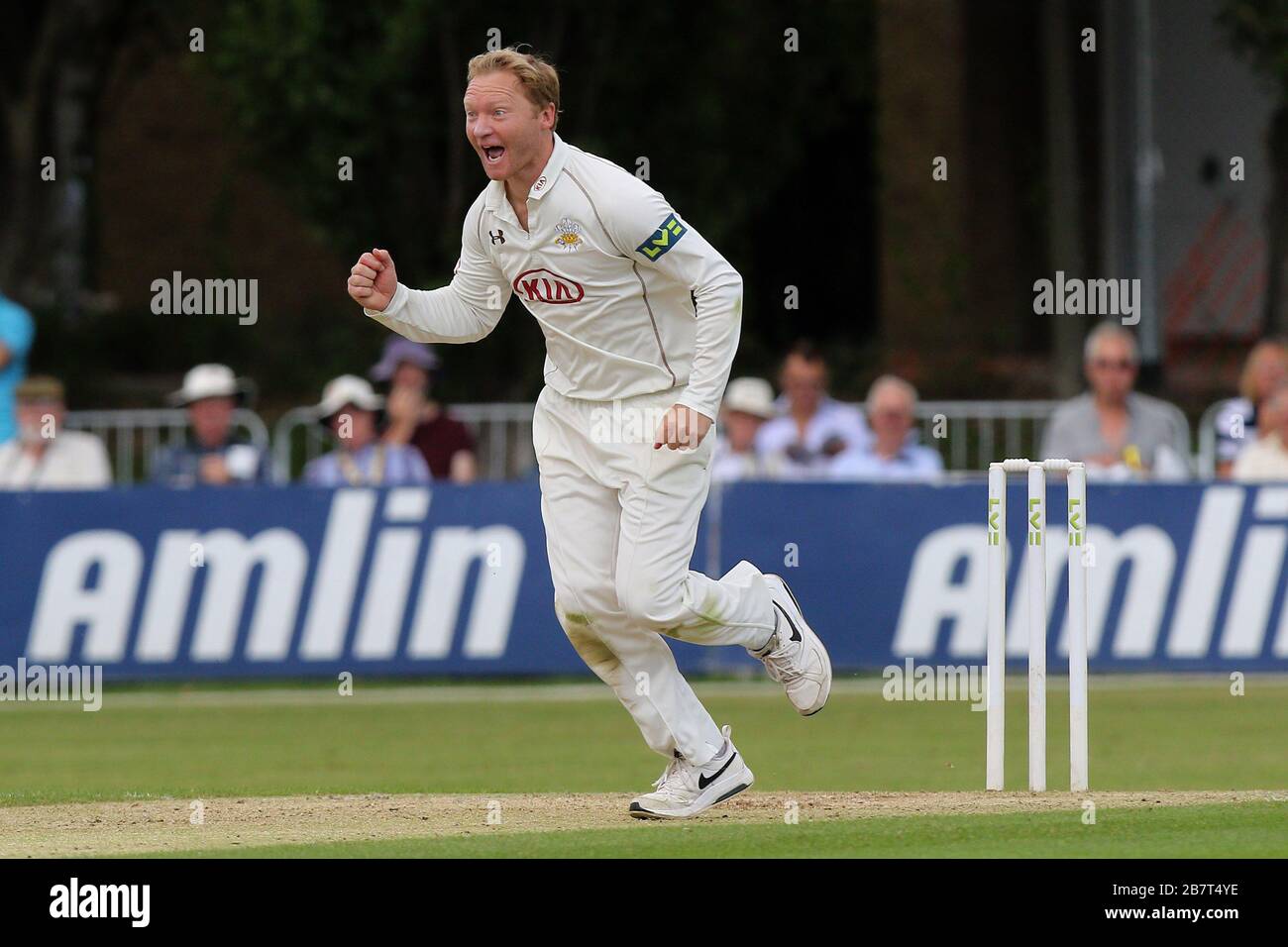 Gareth Batty of Surrey CCC celebrates taking the wicket of Ravi Bopara Stock Photo