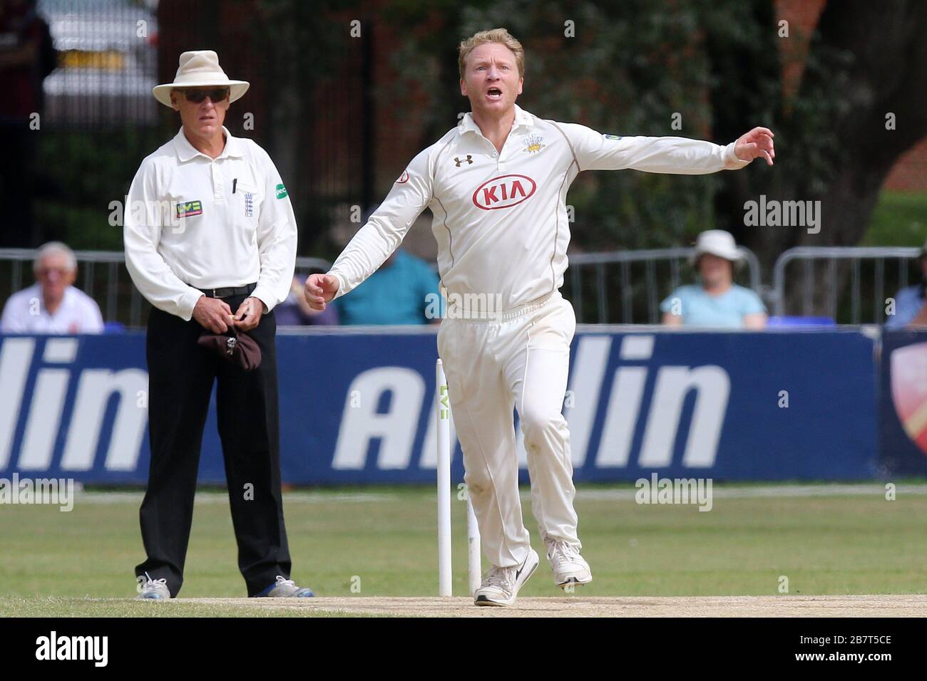 Gareth Batty of Surrey CCC claims the wicket of Tom Westley Stock Photo