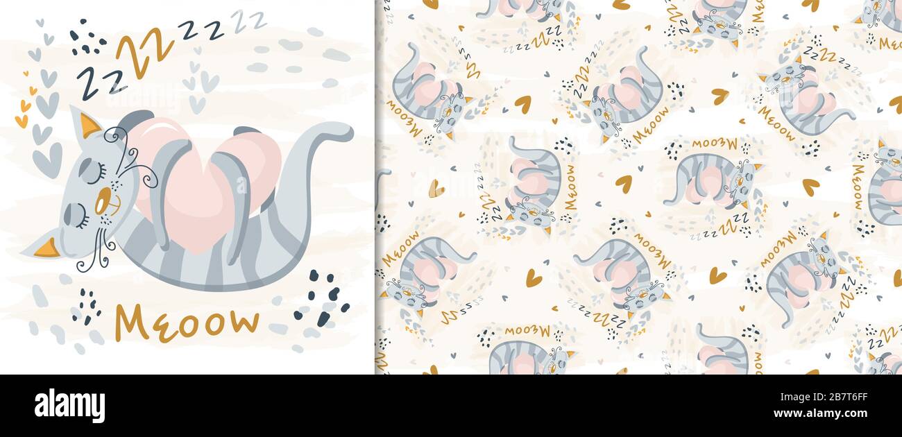 Cute cat sleeping seamless pattern, print. Vector nursery cartoon sleep gray animals, cute baby pattern background. Scandinavian Adorable Nurseries gr Stock Vector
