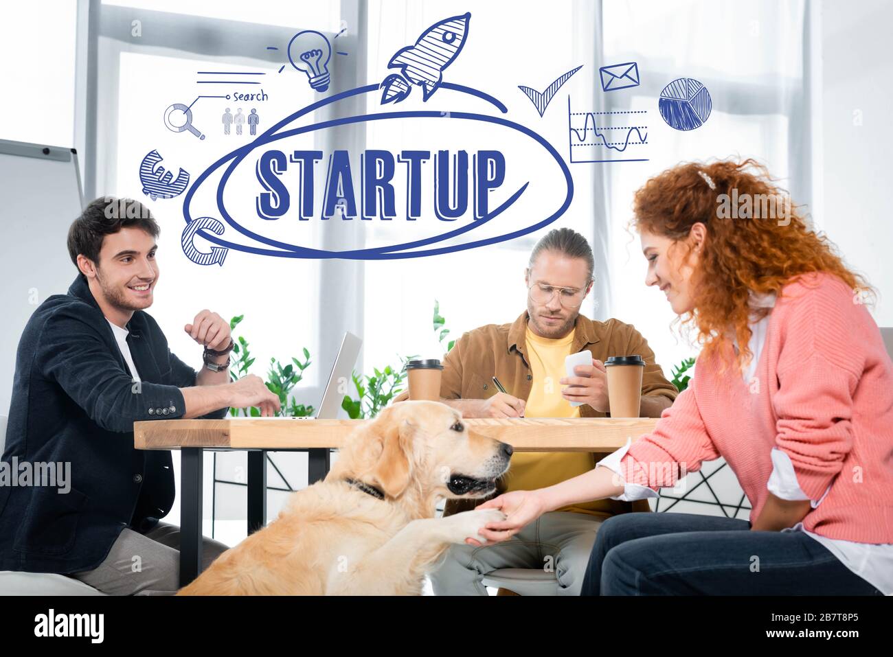 three friends working and asking paw of cute golden retriever with ...