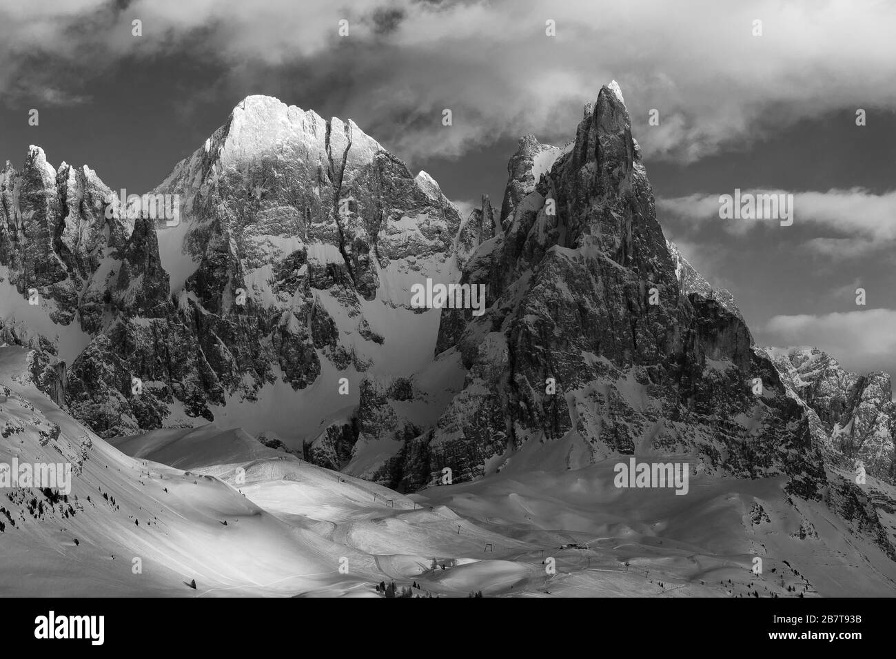 The Pale di San Martino mountain group. Cima Vezzana and Cimon della Pala peaks in winter season. The Dolomites of Trentino. Italian Alps. Europe. Stock Photo