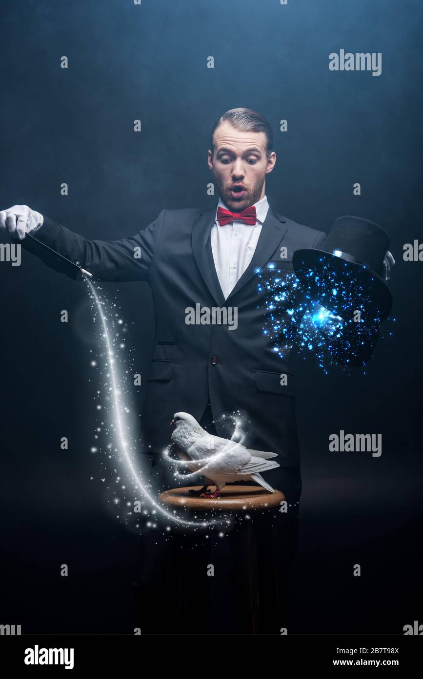 Scared Magic Tricks shocked magician showing trick with dove, wand and hat in dark room ...