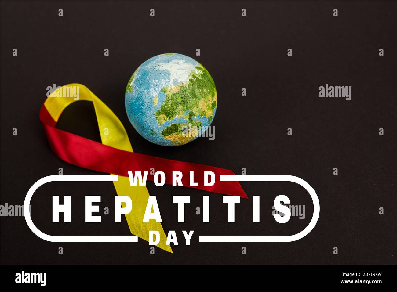 Hepatitis Lettering red and yellow ribbon near globe and world hepatitis day lettering on ...