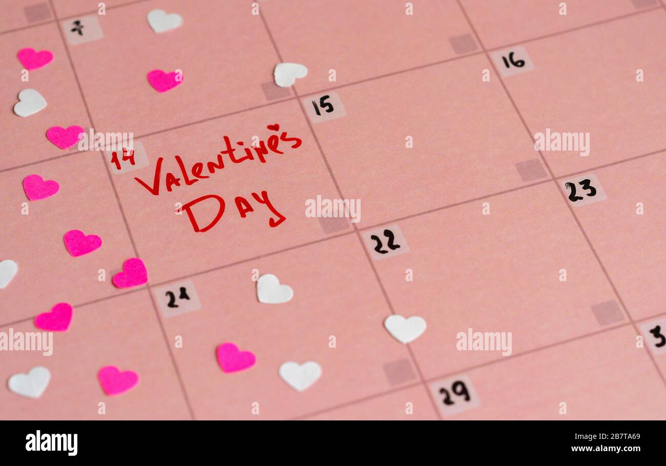The inscription Happy Valentine's Day on the pink calendar 2 Stock Photo
