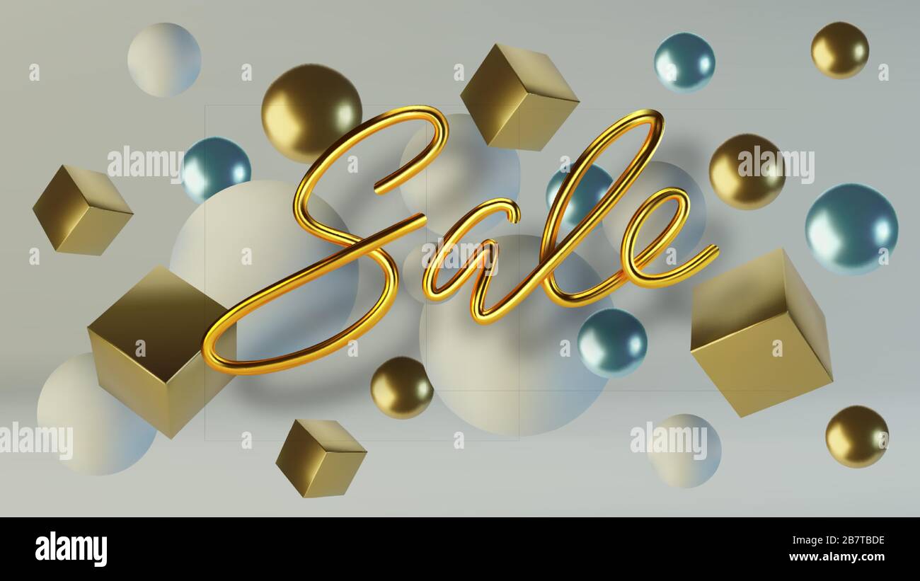 3D Realistic golden inscription sale. Background of gold balls and cubes. Metallic lettering for banner design. Template for products, advertizing Stock Vector