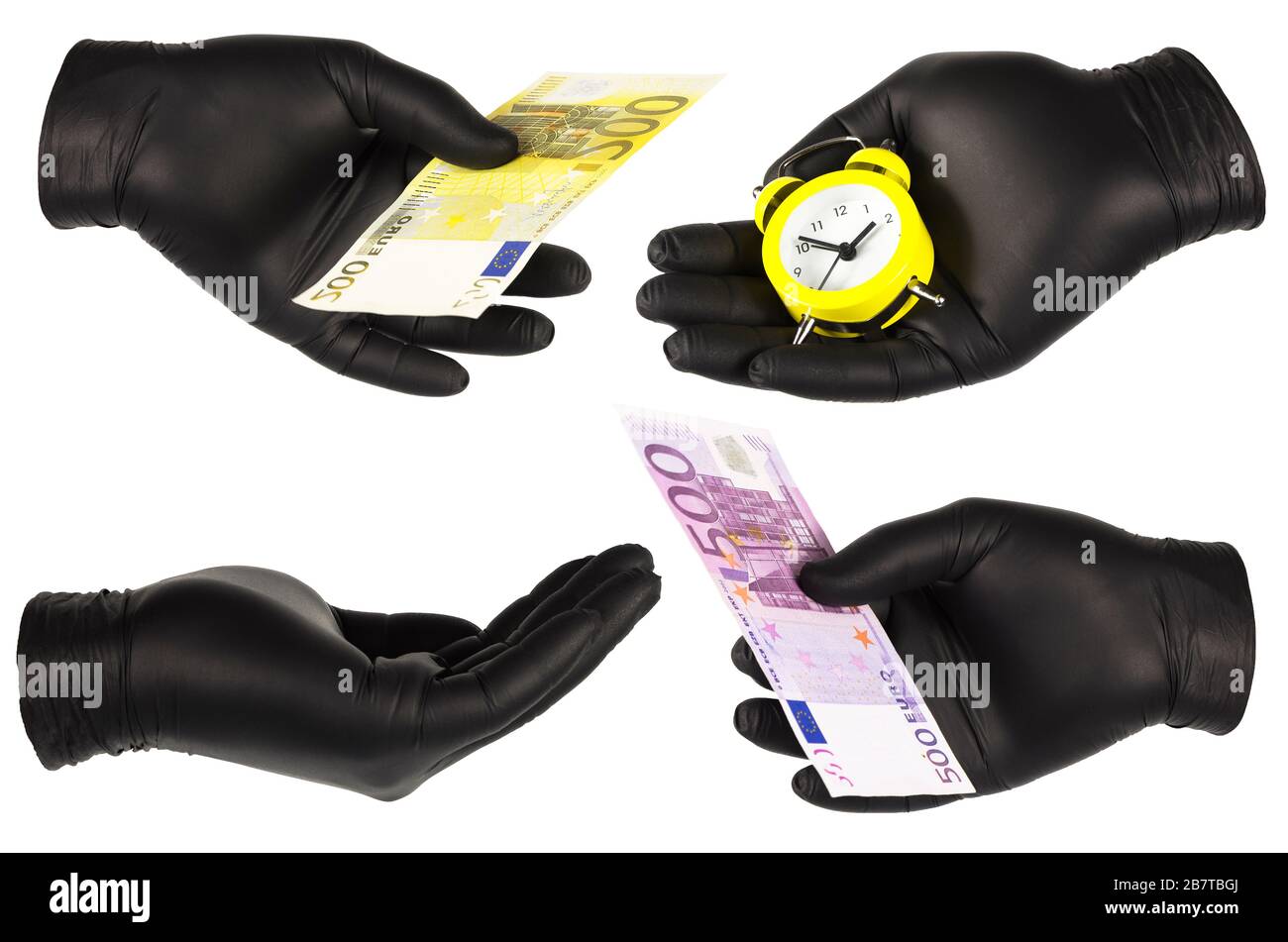 hands in black gloves hold money and watches Stock Photo