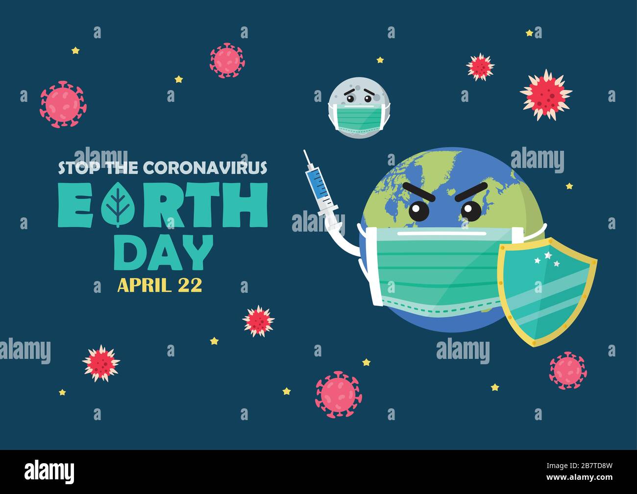 Earth Day Stop the Coronavirus Concept Banner. Planet earth wearing a protection medical mask and use vaccine to protect and fight surrounding Covid-1 Stock Vector