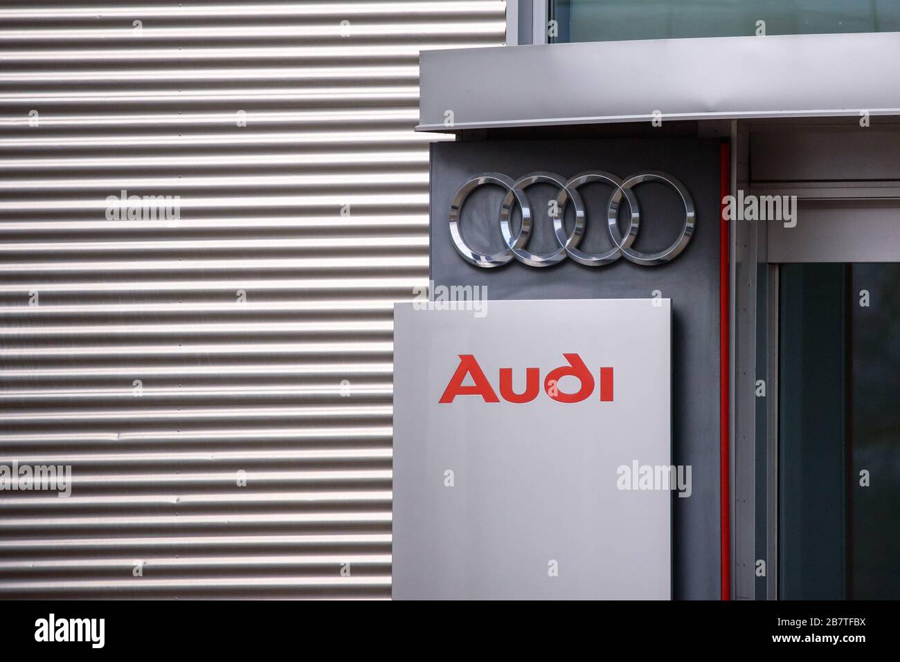 RIGA, LATVIA. 17th March 2020. AUDI company logo near Audi centre in Riga. Audi is a German automobile manufacturer. Stock Photo