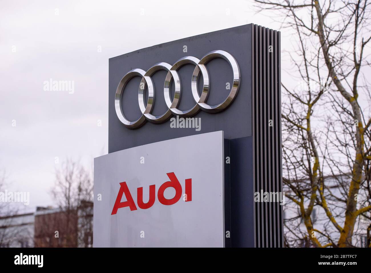RIGA, LATVIA. 17th March 2020. AUDI company logo near Audi centre in Riga. Audi is a German automobile manufacturer. Stock Photo