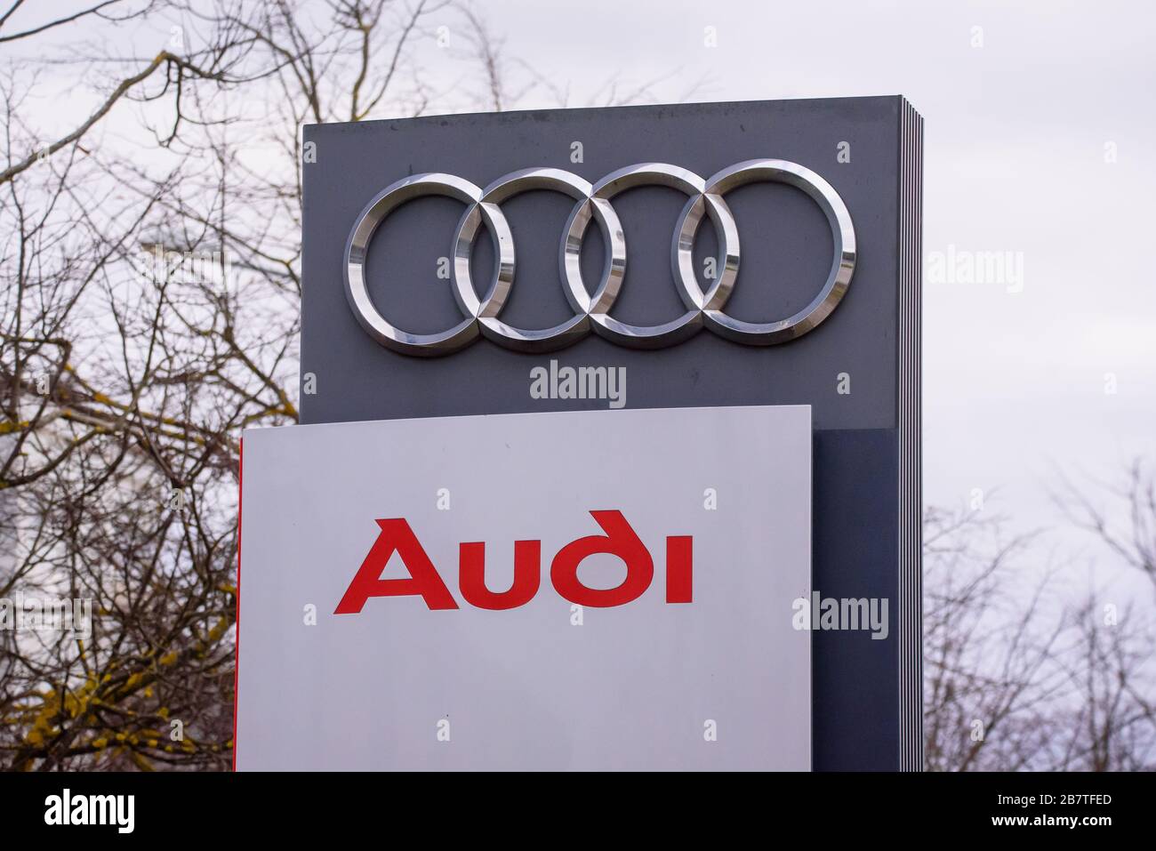 RIGA, LATVIA. 17th March 2020. AUDI company logo near Audi centre in Riga. Audi is a German automobile manufacturer. Stock Photo