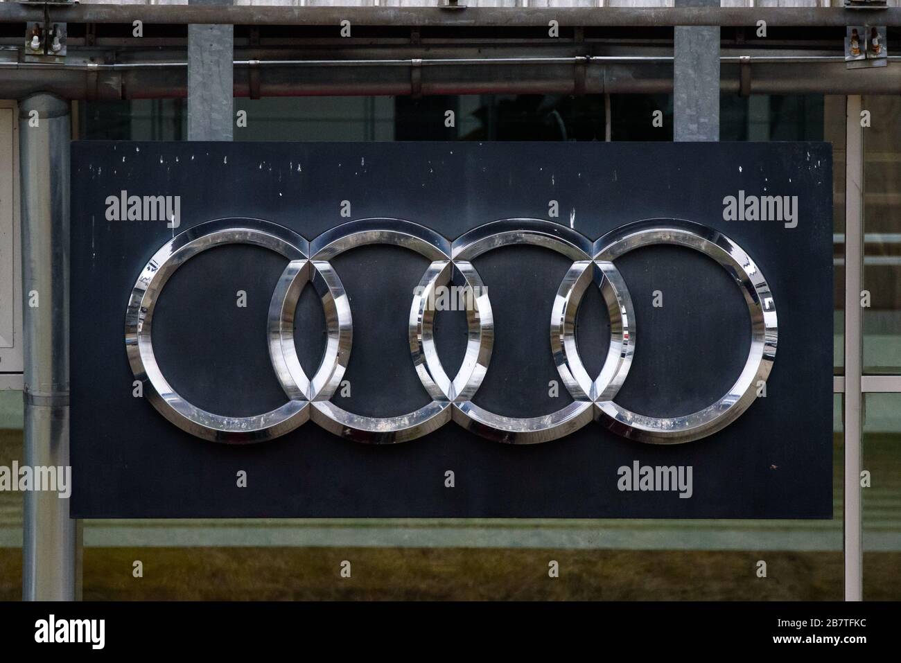 RIGA, LATVIA. 17th March 2020. AUDI company logo near Audi centre in Riga. Audi is a German automobile manufacturer. Stock Photo