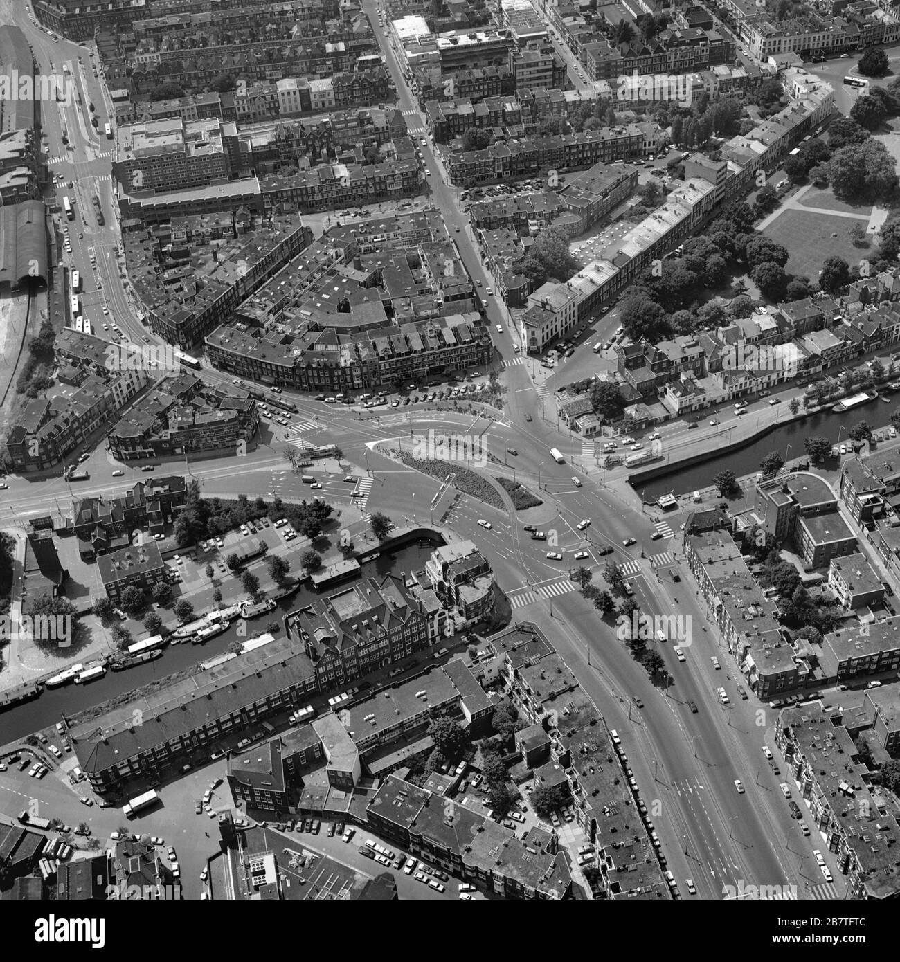 The Hague, Holland, July 4 - 1977: Historical aerial photo  in black and white of the Rijswijkse square, a complicated traffic point at the south side Stock Photo