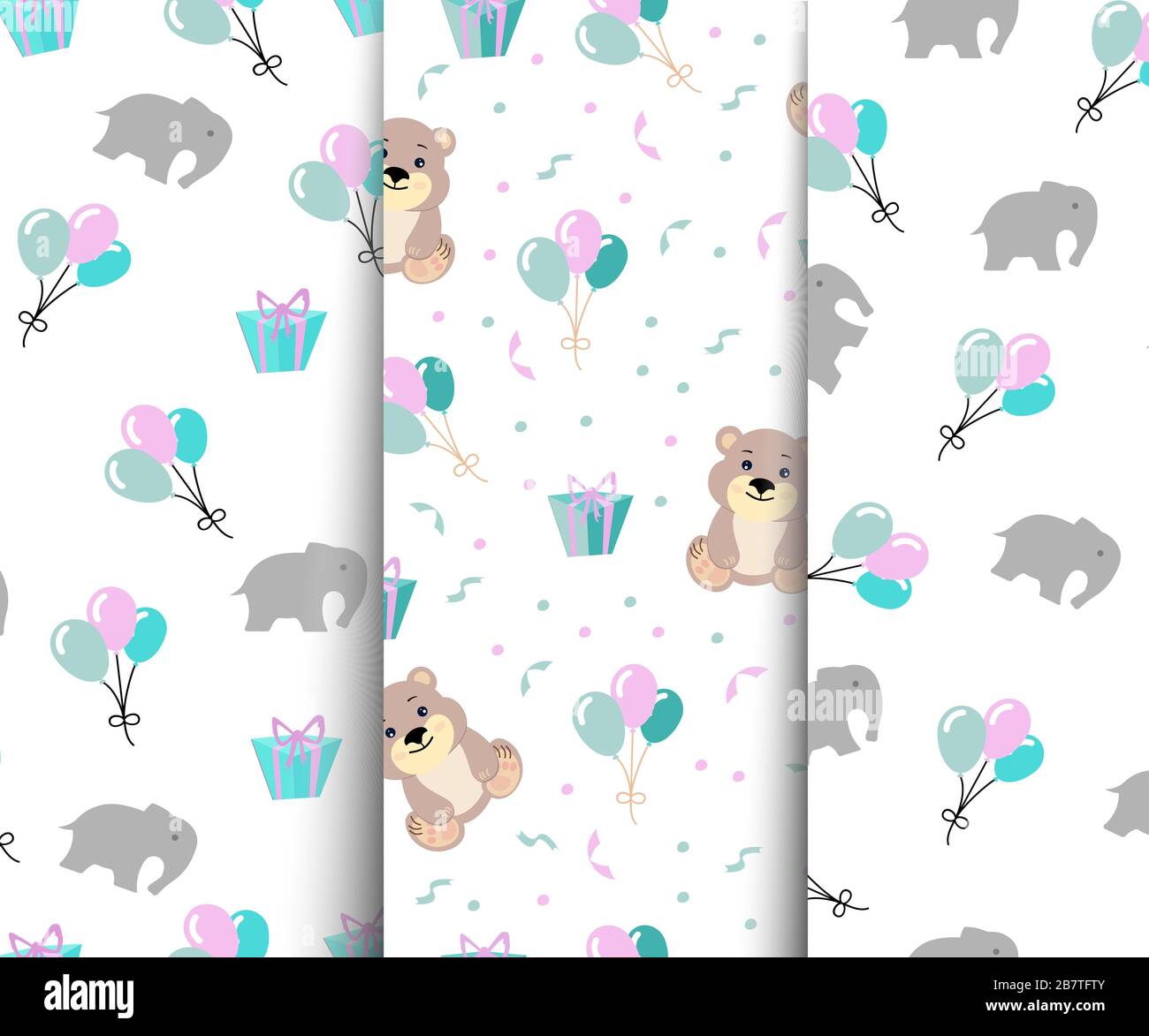 set with cute seamless pattern with animals bear and elephant with inflatable balloons and birthday gifts Stock Vector