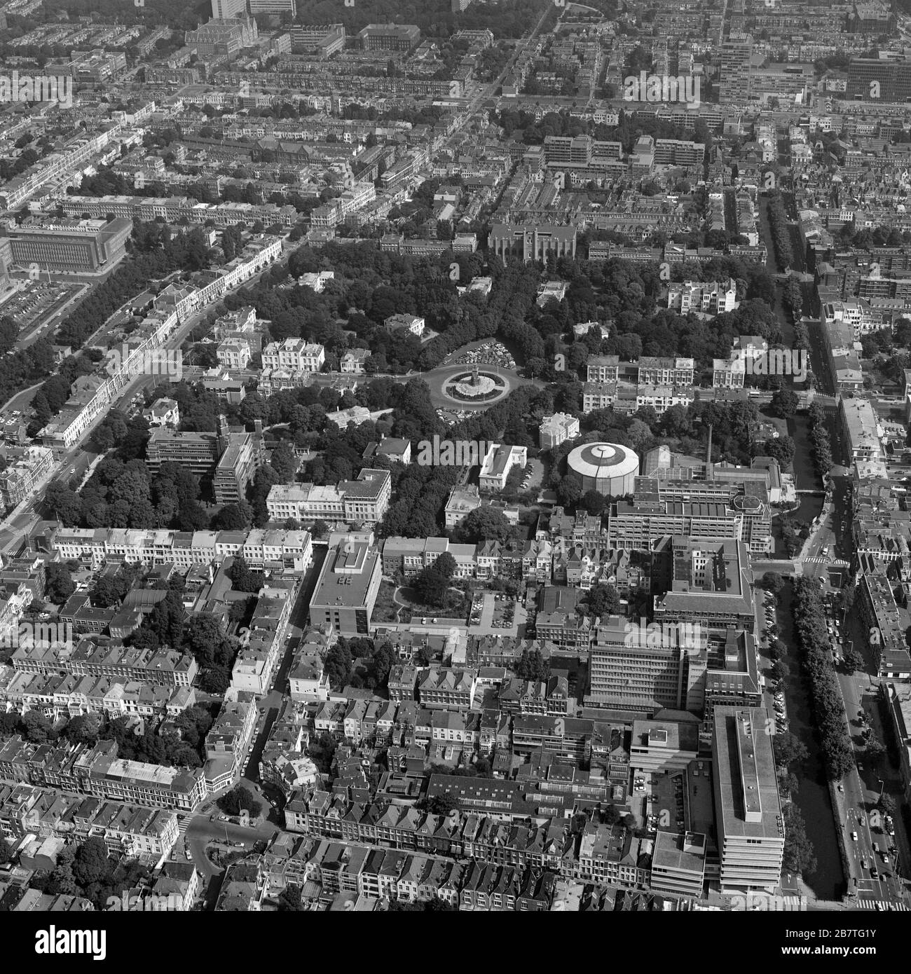 The Hague, Holland, August 29 - 1977: Historical aerial photo  in black and white of Plein 1813, independence square and Panorama Mesdag Museum Stock Photo