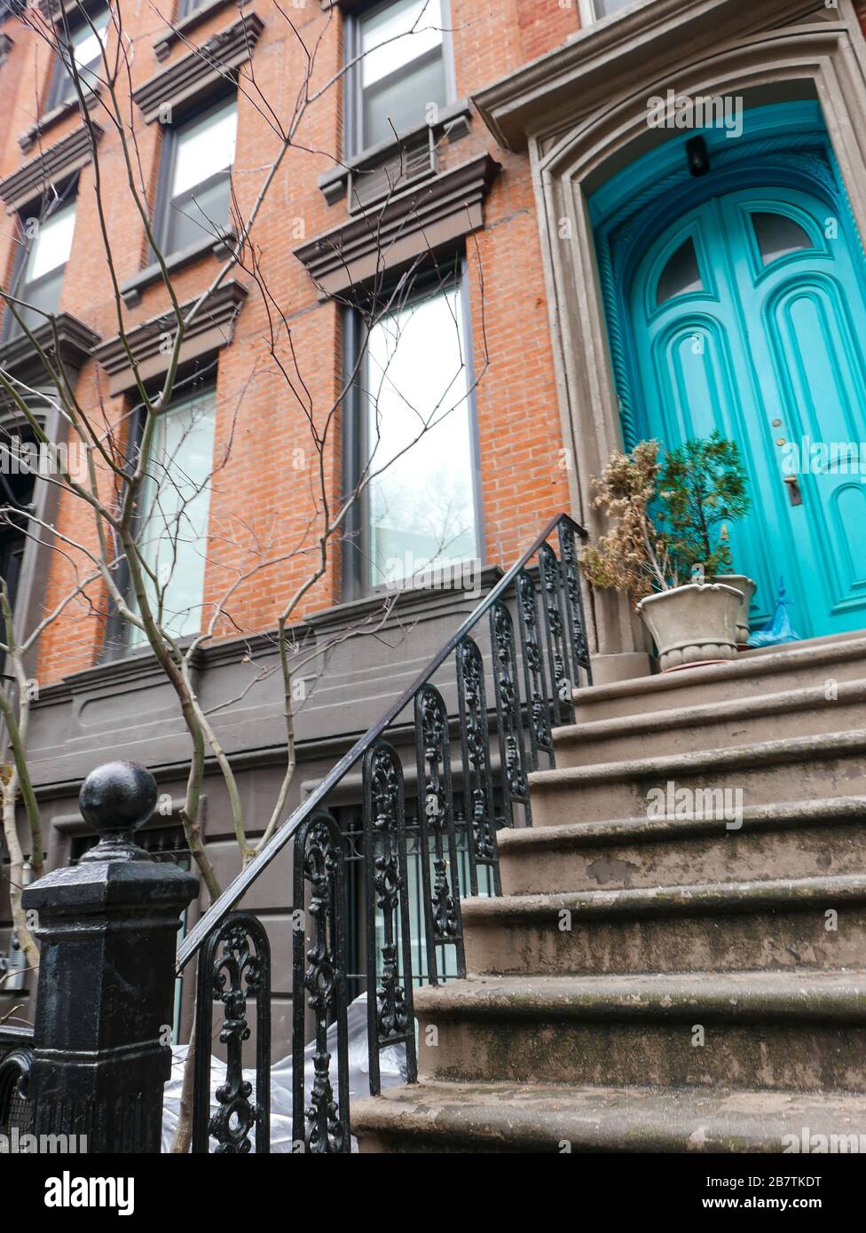 Manhattan House with Turquoise Door, New York City, New York, USA Stock Photo
