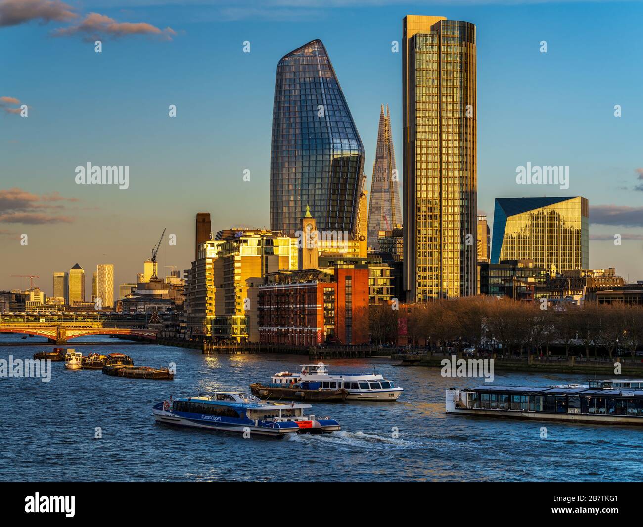 London Southbank Skyline London South Bank including the Oxo Tower, the South Bank Tower, One Blackfriars and the Shard Stock Photo